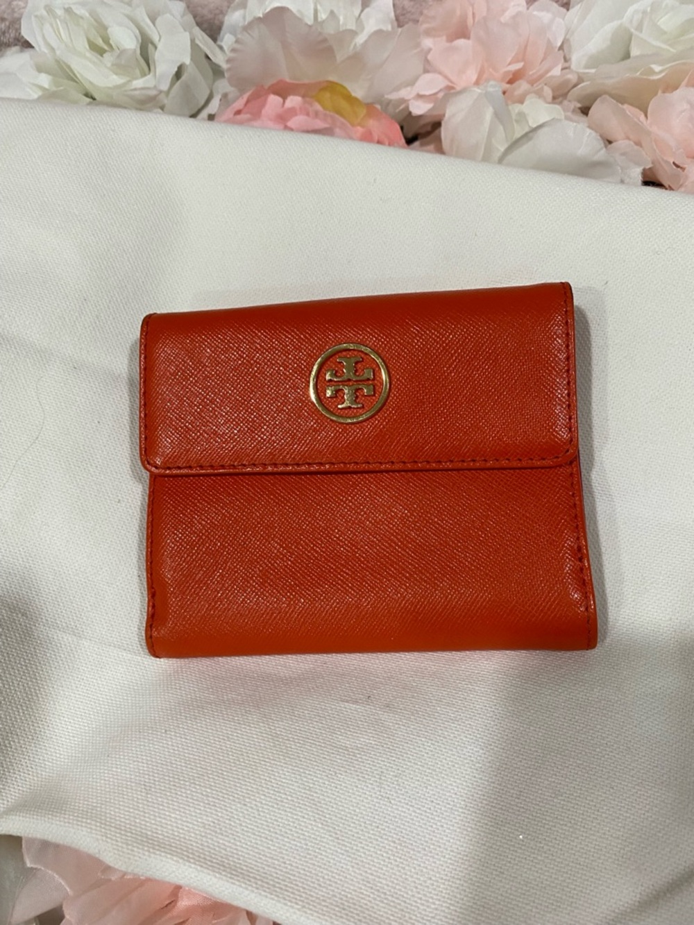 Tory Burch Red-Orange Saffiano Leather Wallet with Gold Logo